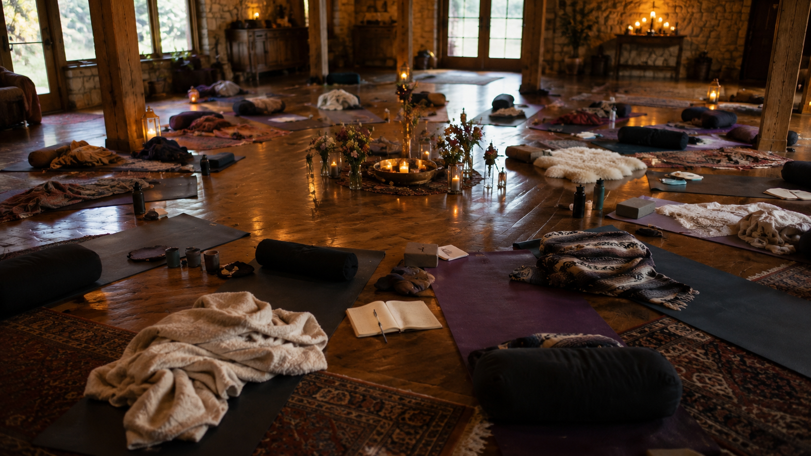 Candlelit ceremonial room prepared for an expanded states retreat