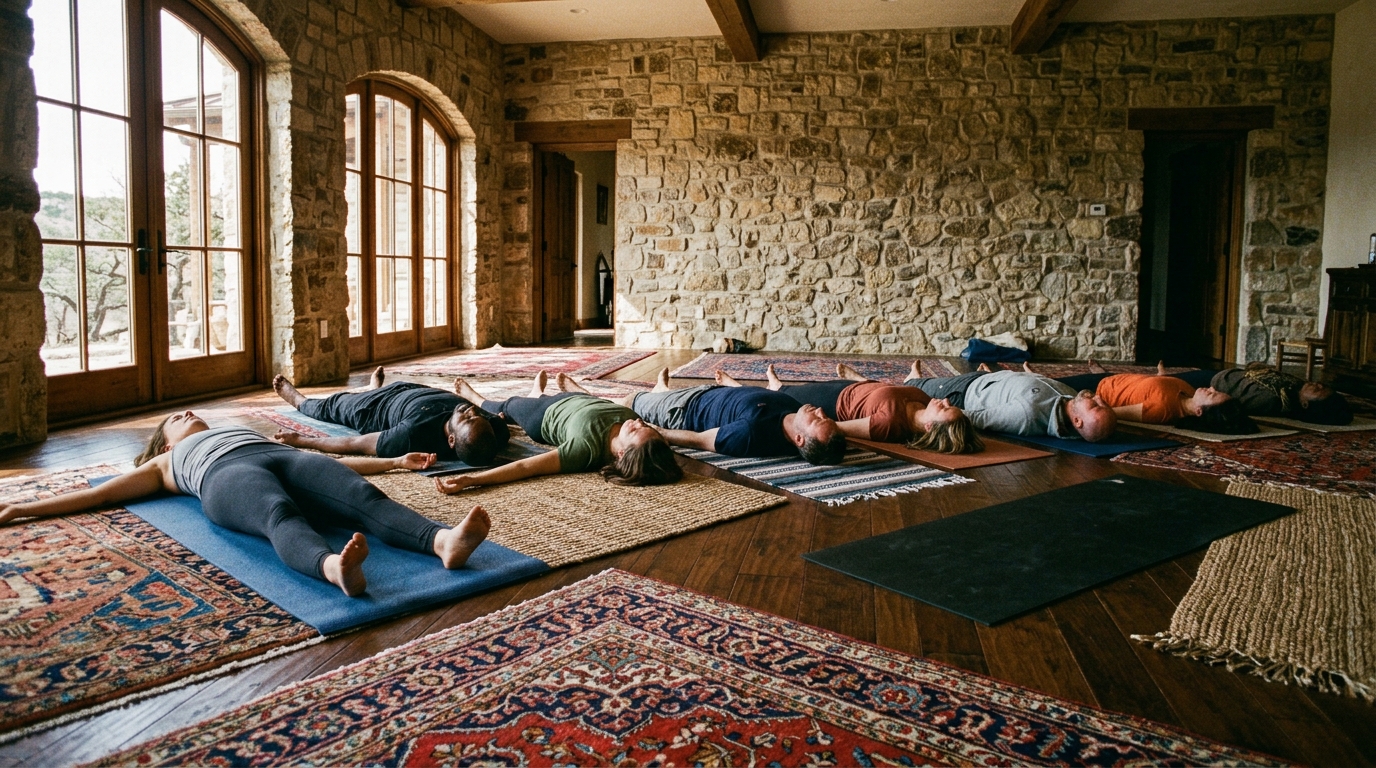 Stone retreat room with floor mats, rugs, and natural light