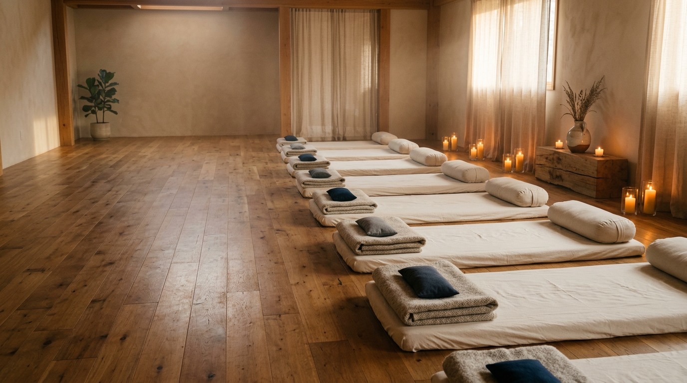 Private retreat room prepared with floor mats, candles, and natural light