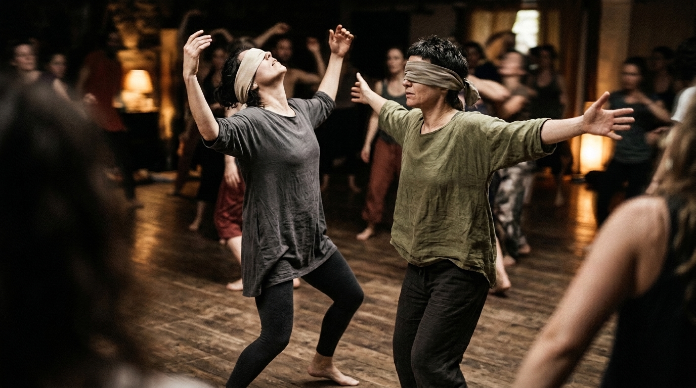 Two participants in expressive movement during Embodied Trance session